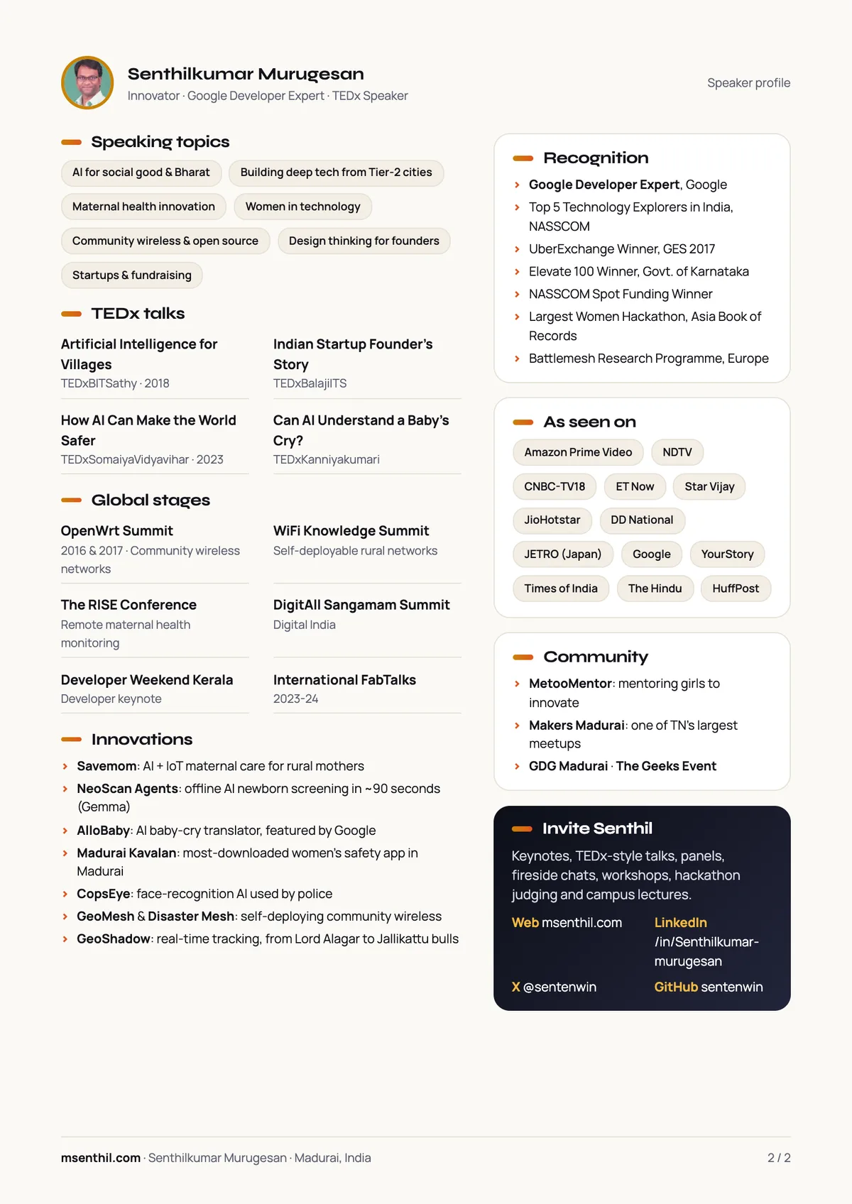 Speaker profile page 2: speaking topics, TEDx talks, global stages, innovations, recognition, media appearances, community work and contact details.